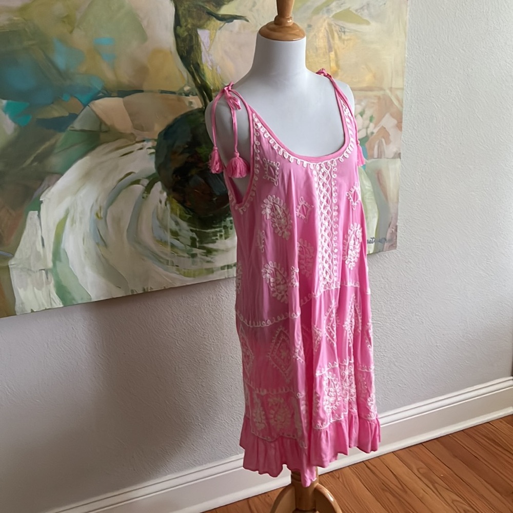 Pranella Dress Embroidered Pink Cover Up Greek Tasseled Size 2 / medium - Picture 11 of 17